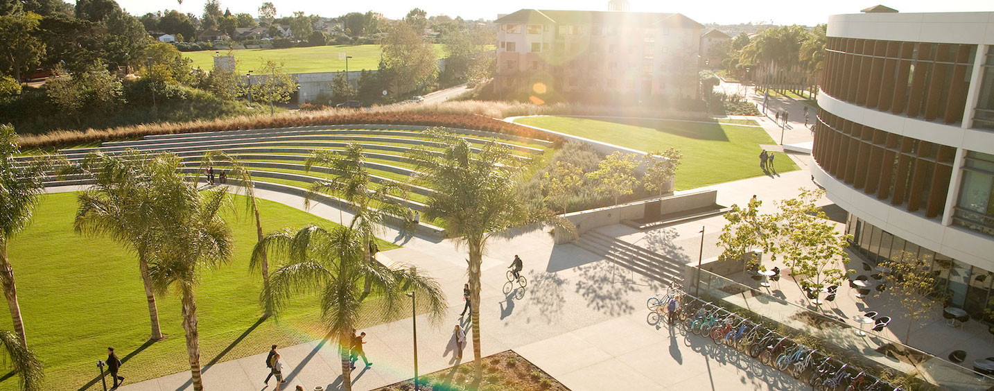 Aerial view of Lawton Plaza and the William H. Hannon Library